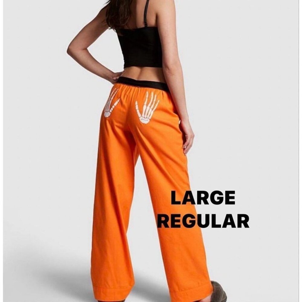 VS PINK PJ FLANNEL PANTS HALOGEN ORANGE "HANDSIE" HANDS LOGO SIZE LARGE
